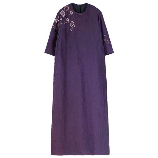 牧衣游原创 刺绣龟裂纹香云纱连衣裙紫色复古新中式长裙 楮知白 商品图4