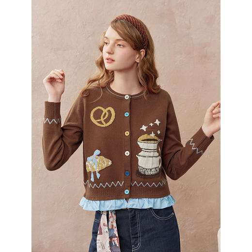 两三事暖焙晨昏2025秋新款森系提花荷叶边下摆彩色纽扣针织开衫女 商品图1