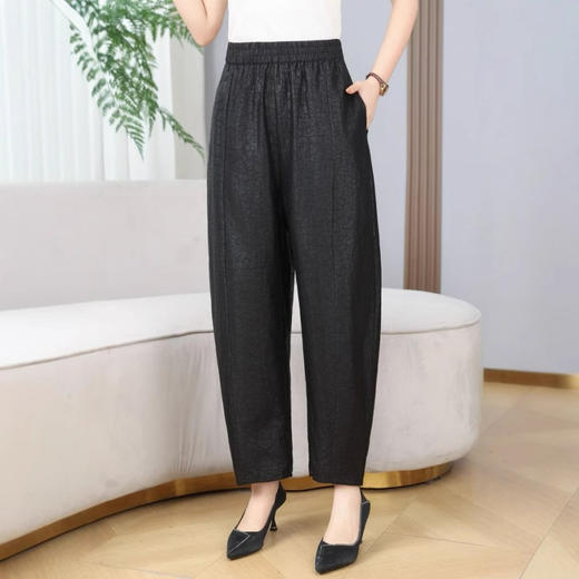 丁摩真丝香云纱龟裂纹花苞长裤100%桑蚕丝时尚显瘦小脚裤黑AL2506 商品图1