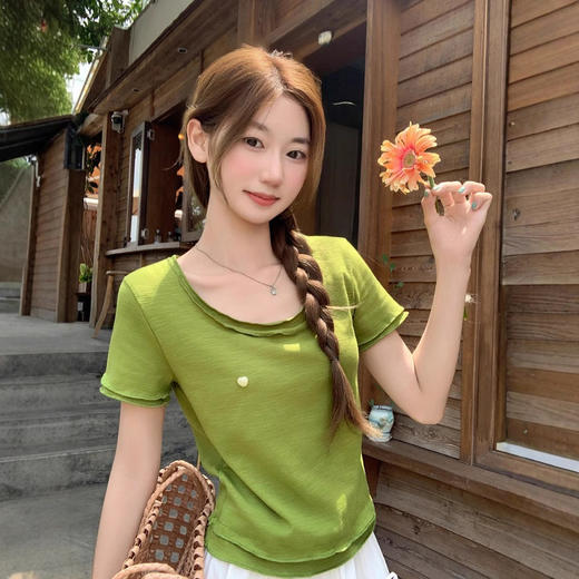 设计感木耳边假两件短袖t恤女夏季修身显瘦短款正肩上衣    NDK-F7853 商品图1