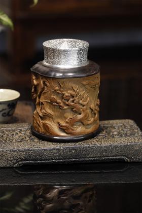 新款梅花枝°锡胆竹雕茶叶罐