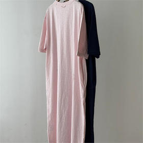 日系贵牌！2025经典海马刺绣竹节棉圆领宽松休闲连衣裙夏季懒人T恤裙！