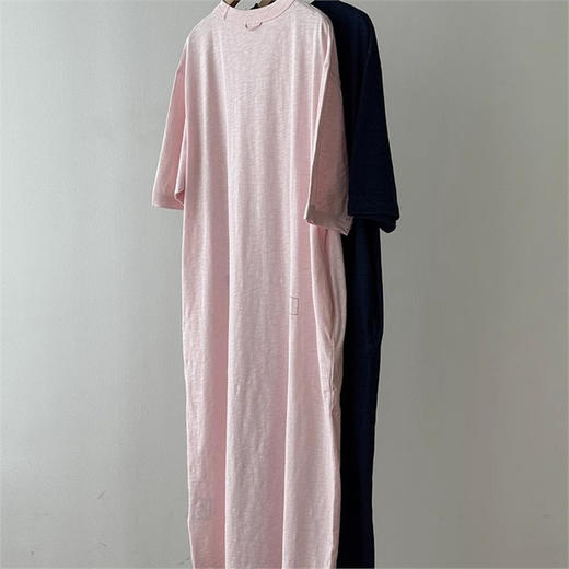 日系贵牌！2025经典海马刺绣竹节棉圆领宽松休闲连衣裙夏季懒人T恤裙！ 商品图0