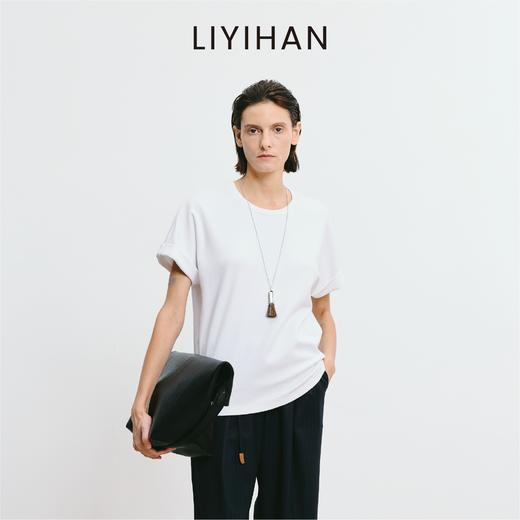 LIYIHAN李亦寒 2025秋新款白色棉质T恤女设计感落肩短袖通勤上衣 商品图0