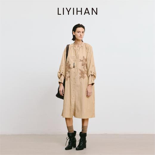 LIYIHAN李亦寒 2025秋新款法式棉质连衣裙女卡其色设计感中长裙子 商品图1