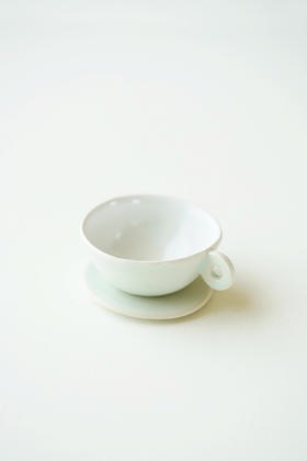 安藤雅信83色釉手付反丸茶杯+色釉雫皿 雪水色（套组）