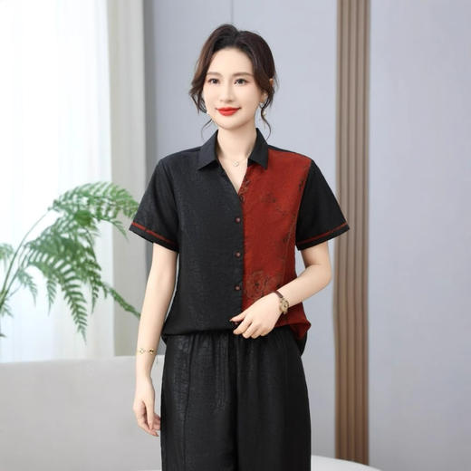 丁摩真丝香云纱黑红龟纹翻领新款时尚短袖夏季100%桑蚕丝宽松体恤AL2589 商品图1
