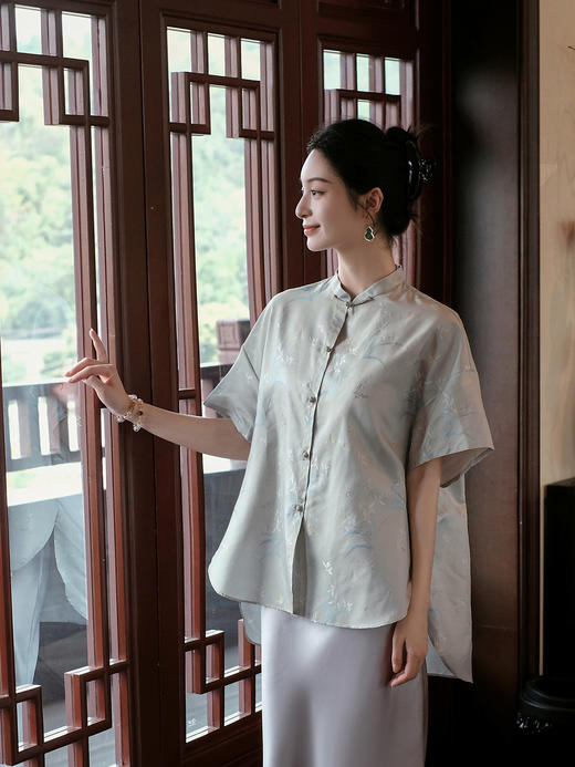 盛唐牡丹| 兰花纹真丝异色罗短袖上衣 商品图0