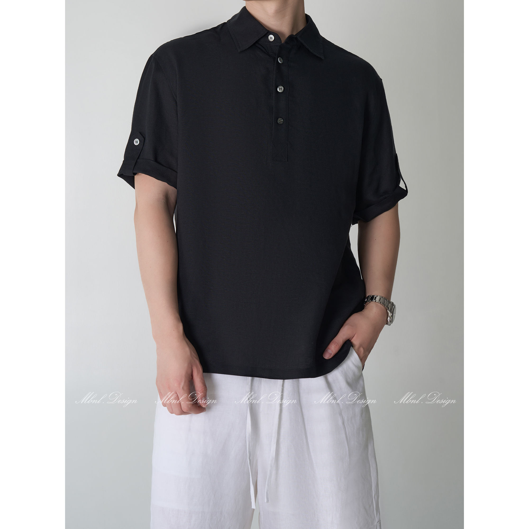 「松弛感 棉麻混纺」秦磊男装半开领设计短袖衬衫LL-SCS3008 N3商品图1