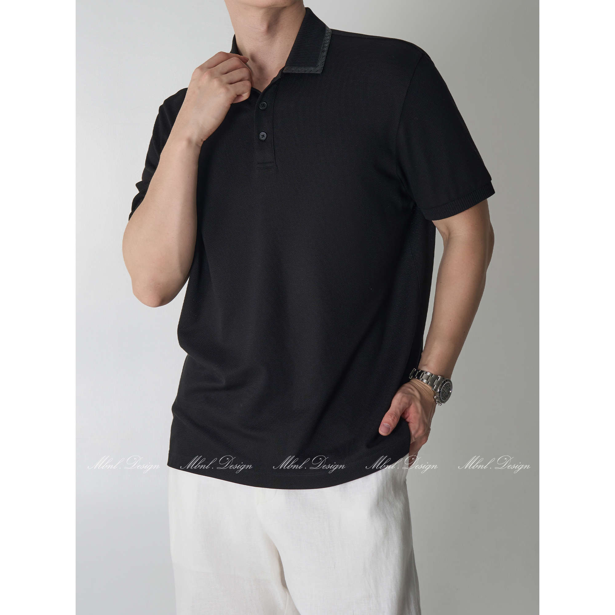 「编织皮领」秦磊男装夏季翻领三粒扣短袖polo衫LL-987611 N1商品图1