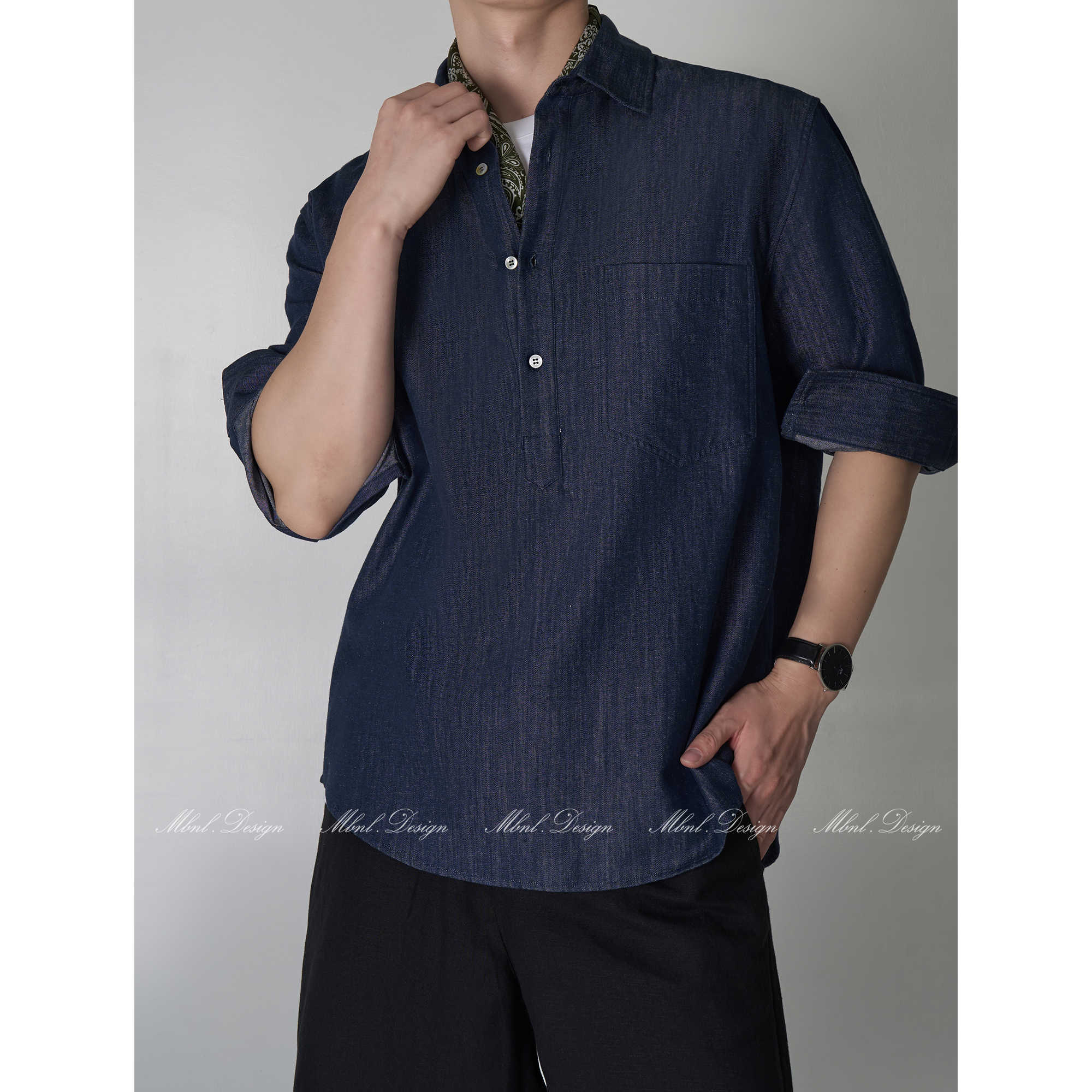 「都市轻奢」秦磊男装半开领四扣水洗牛仔长袖衬衫LL-LCS3001 N2商品图1