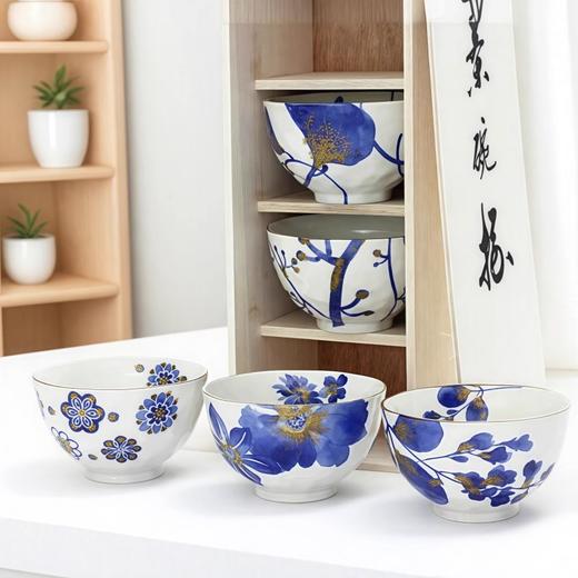 日本原装进口美浓烧和蓝繁花圆汤碗饭菜大碗木盒套装新婚乔迁礼物和蓝花工坊五入碗 商品图2