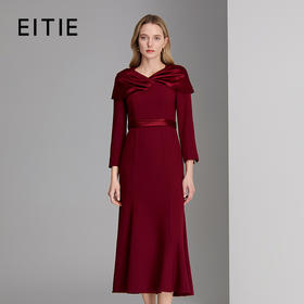 EITIE爱特爱缎面撞料设计钉珠装饰优雅礼服裙8377006