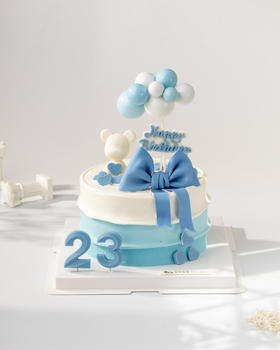 简约蓝色抱抱熊翻糖蝴蝶结蛋糕（百分百进口动物奶油）