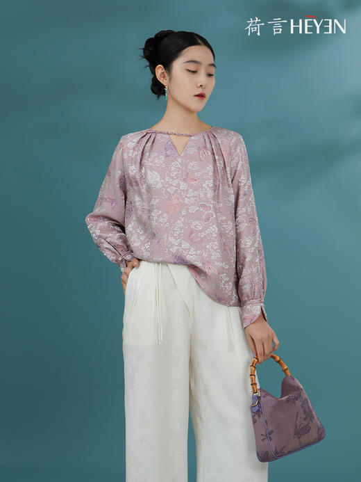 荷言HEYEN 思齐 金鱼蝴蝶云纹小v领新中式上衣真丝混纺高级定制 商品图2