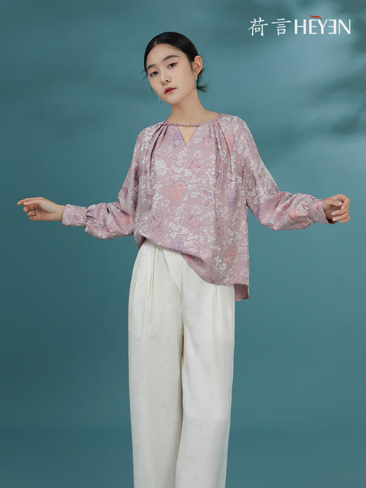 荷言HEYEN 思齐 金鱼蝴蝶云纹小v领新中式上衣真丝混纺高级定制 商品图3