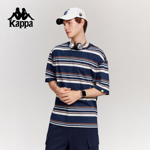 Kappa卡帕背靠背运动t恤男款2025新款夏季条纹短袖纯棉刺绣上衣女K0F52TD71 商品图2