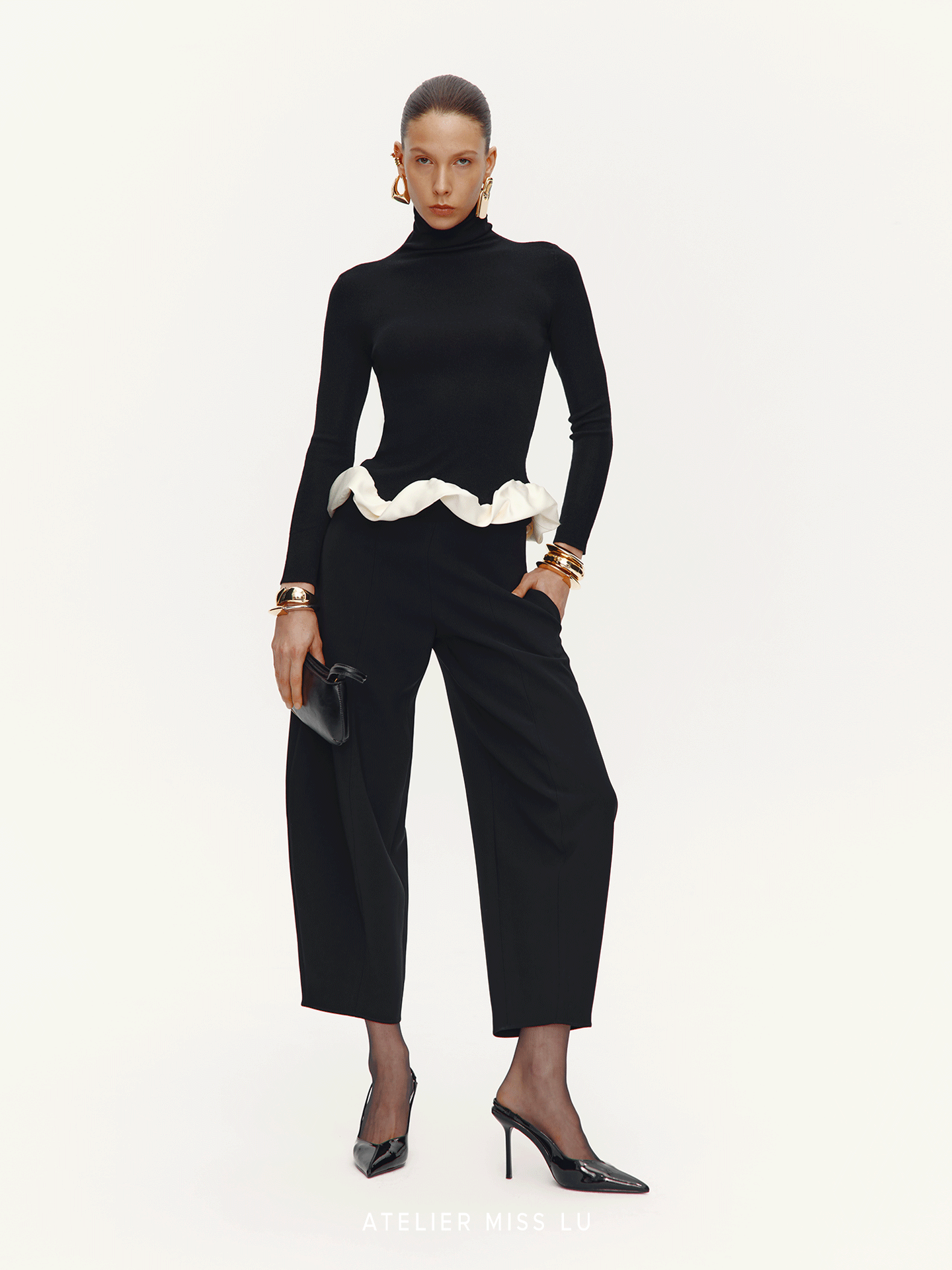 【柔夜雕塑】下摆云朵环绕拼接高领针织上衣