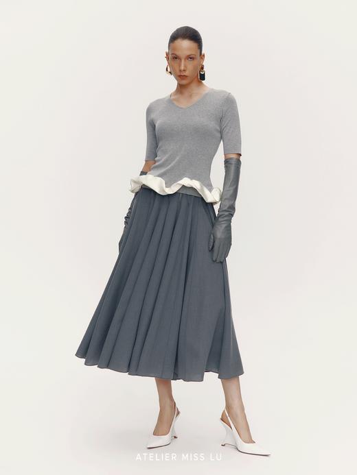 【摩天轮微光】腰部镂空设计绵羊毛混纺大摆半裙 商品图3