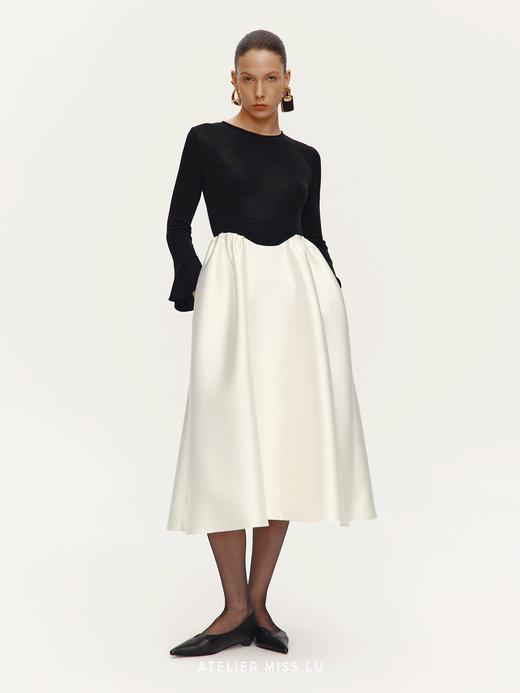 【浮光花园】光泽感拼接设计微喇长袖A字连衣裙 商品图1