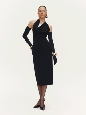 【日夜轻语】撞色垂荡领设计露背挂脖修身连衣裙