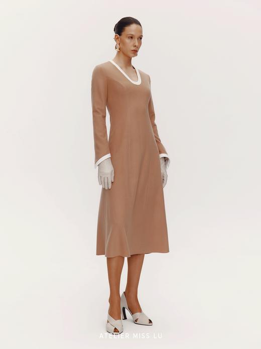 【曼哈顿午后】老钱风撞色设计绵羊毛混纺长袖连衣裙 商品图3