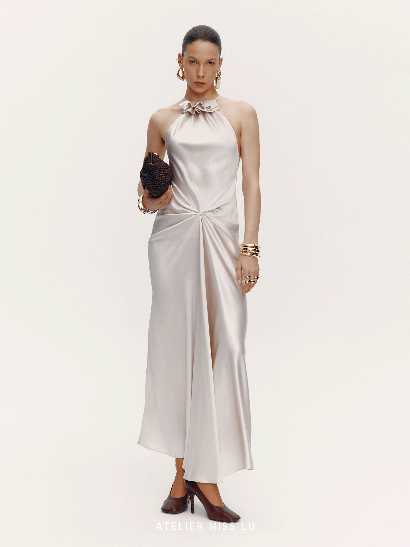 【缪斯圣殿】立裁垂褶设计醋酸混纺挂脖礼服长裙