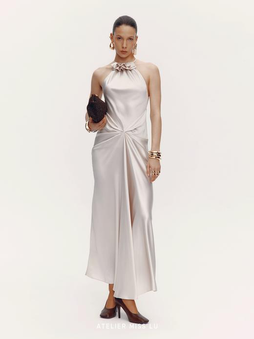 【缪斯圣殿】立裁垂褶设计醋酸混纺挂脖礼服长裙 商品图0