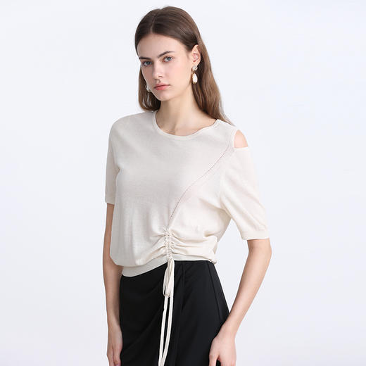 EITIE爱特爱夏季新款设计感镂空修身显瘦舒适百搭纯色短袖抽绳针织衫7801505 商品图8