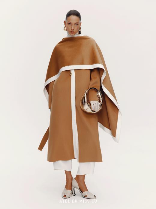 【佛罗伦萨街景】老钱风撞色设计围巾一体绵羊毛大衣 商品图0