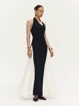 【人鱼舞会】撞色鱼尾设计垂荡拼色领露背大摆礼服长裙