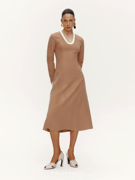 【曼哈顿午后】老钱风撞色设计绵羊毛混纺长袖连衣裙 商品图0