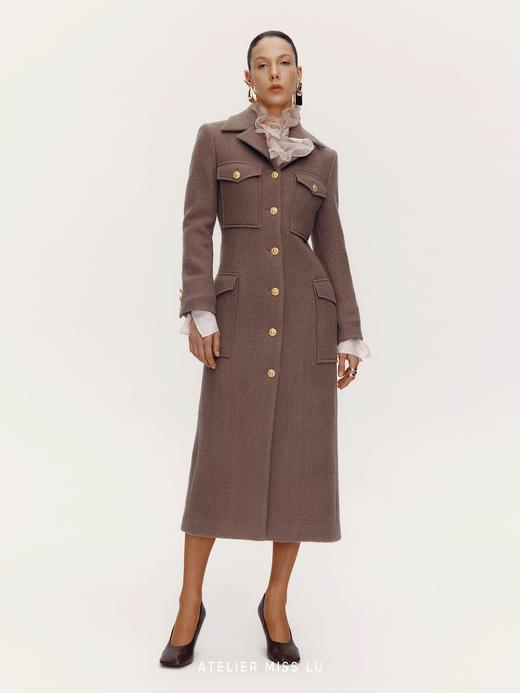 【冬日赫拉】复古口袋设计绵羊毛修身长款大衣 商品图0