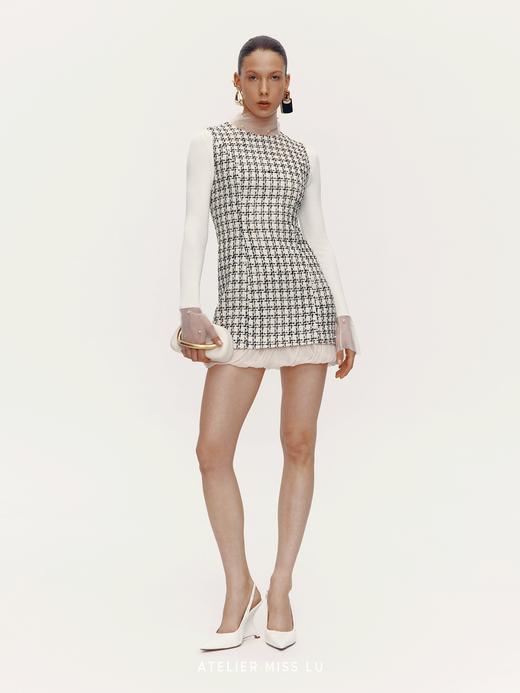 【维也纳乐谱】下摆柔纱拼接修身小香风连衣裙 商品图1