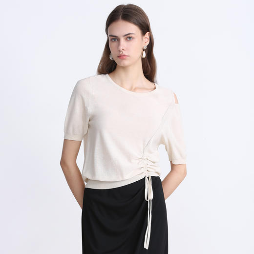 EITIE爱特爱夏季新款设计感镂空修身显瘦舒适百搭纯色短袖抽绳针织衫7801505 商品图7