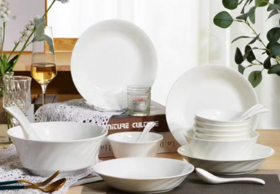 骨瓷碗碟盘子勺餐具家用欧式美好看米饭碗炒菜盘白色搭配凡瑞斯釉下浮雕炫影系列散件