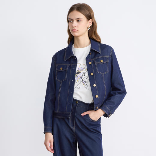 EITIE爱特爱简约早秋复古通勤时尚短款翻领牛仔秋季新款外套C2503808 商品图2