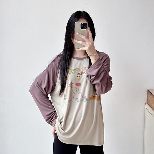 手绘印花撞色动物园插袖长袖T恤 商品图2