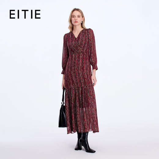 EITIE爱特爱V领碎褶设计艺术印花连衣裙8307021 商品图0