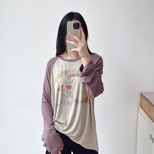 手绘印花撞色动物园插袖长袖T恤 商品图1