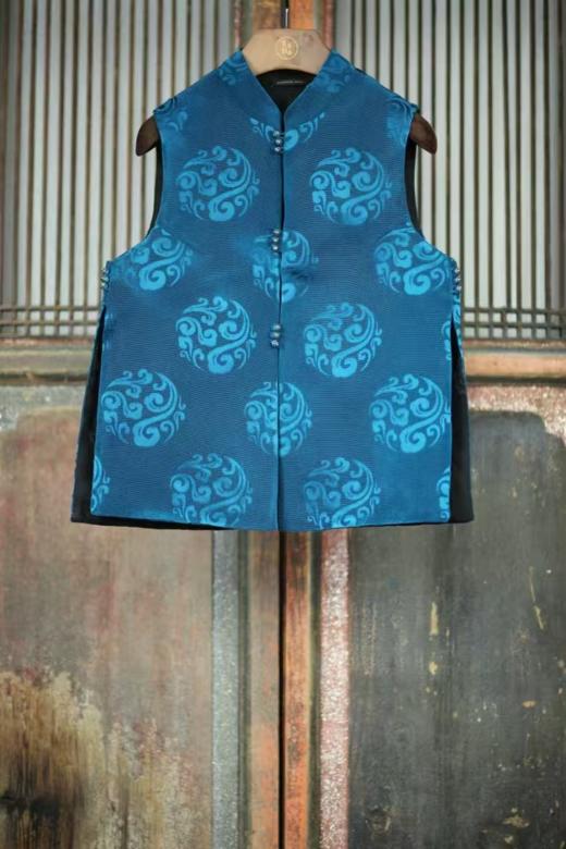 盛唐牡丹| 青金蓝真丝漳缎马甲 商品图0