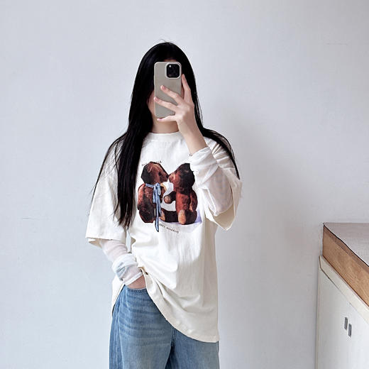 女士复古徽标印花宽松长袖T恤 假两件设计网纱拼接心机叠穿上衣 商品图2
