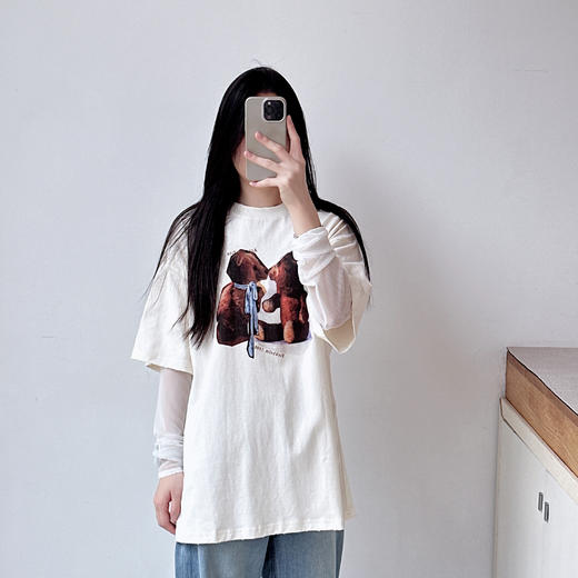 女士复古徽标印花宽松长袖T恤 假两件设计网纱拼接心机叠穿上衣 商品图0
