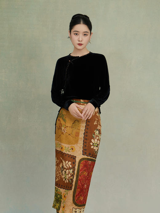 荷言GL 砚秋 复古丝毛印花半裙百搭拼布风柔爽舒适 商品图0