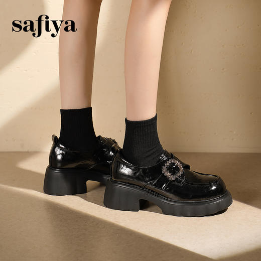 预售|Safiya/索菲娅2025英伦风钻扣魔术贴粗跟百搭厚底增高小皮鞋SFD3112135 商品图3