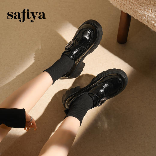 预售|Safiya/索菲娅2025英伦风钻扣魔术贴粗跟百搭厚底增高小皮鞋SFD3112135 商品图5