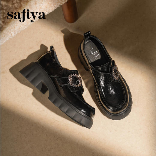 预售|Safiya/索菲娅2025英伦风钻扣魔术贴粗跟百搭厚底增高小皮鞋SFD3112135 商品图8
