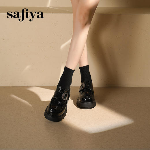 预售|Safiya/索菲娅2025英伦风钻扣魔术贴粗跟百搭厚底增高小皮鞋SFD3112135 商品图2