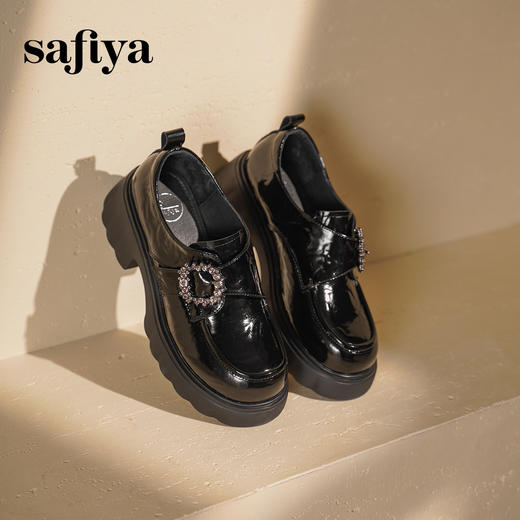 预售|Safiya/索菲娅2025英伦风钻扣魔术贴粗跟百搭厚底增高小皮鞋SFD3112135 商品图6
