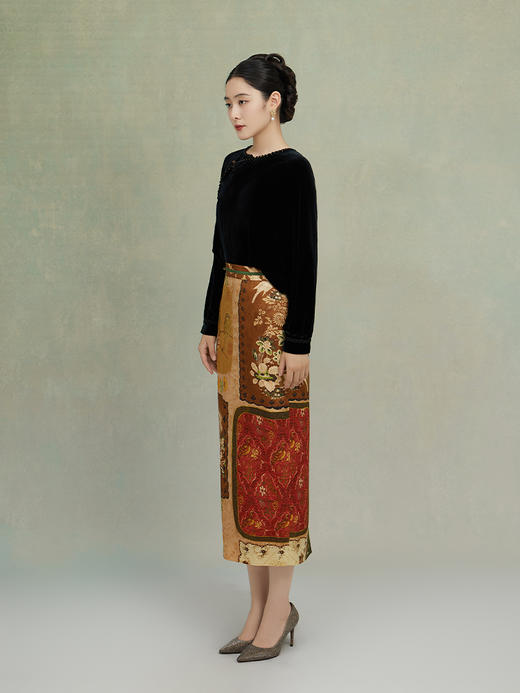 荷言GL 砚秋 复古丝毛印花半裙百搭拼布风柔爽舒适 商品图2